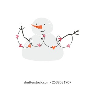 Cute snowman drawn in flat style. Winter, holidays, snow. Hand drawn vector illustration.