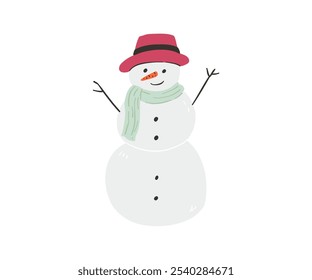 Cute snowman drawn in flat style. Winter, holidays, snow. Hand drawn vector illustration.