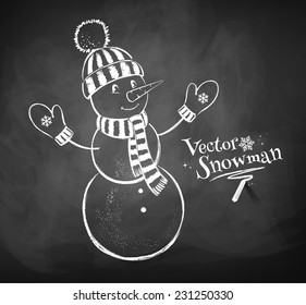 Cute snowman drawn on chalkboard background. Vector illustration. Isolated.