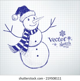 Cute snowman drawn on checkered school notebook paper background. Vector illustration. Isolated.