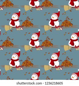 Cute snowman dressed up with santa hat and scarf decorate with broom,autumn leaves and red mushroom seamless pattern.Cartoon character vector design.Christmas concept.
