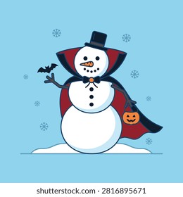 A cute snowman dressed as a vampire holding a pumpkin bucket on a light blue background.