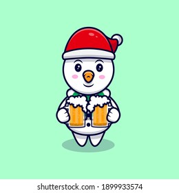 Cute Snowman Drinking Beer Mascot Cartoon Vector Illustration. 