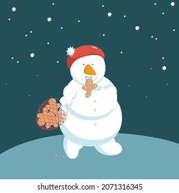 Cute snowman eats gingerbread and holds a bag of cookies in his hand.