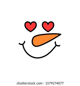 Cute snowman face fall in love - vector. Snowman head. Vector illustration isolated on white background.