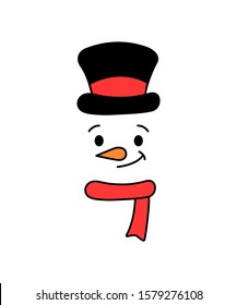 Cute snowman face with hat and scarf - vector. Snowman head. Vector illustration isolated on white background.