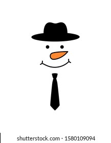 Cute snowman face with hat - vector. Snowman gentleman. Snowman head. Vector illustration isolated on white background.