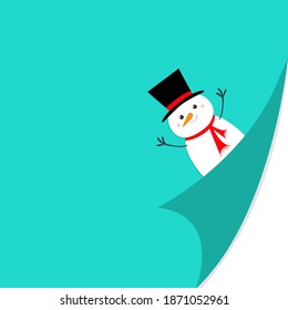 Cute snowman face holding hands up. Red scarf, black hat. Merry Christmas. Fold page corners. Curled paper corner. Cartoon kawaii funny baby character. Xmas greeting card. Blue background. Vector