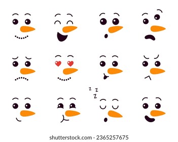 Cute snowman faces. Kawaii snowman heads. Cartoon vector illustration