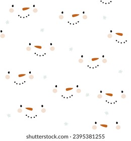 Cute snowman faces seamless pattern. Winter print. Vector hand drawn illustration.