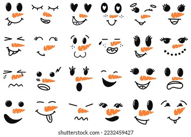 Schneemann-Gesichter - Vektorgrafik. Vektorgrafik von Cute Snowman Faces. Cartoon Funny Doodle Snowman Head Gesicht mit verschiedenen Emotionen Set. Winterferien, Weihnachten und Neujahrsdesign