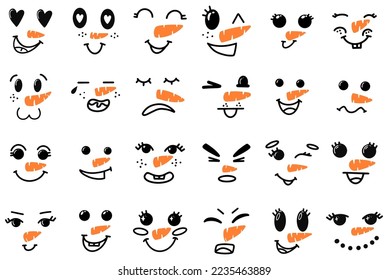 Cute snowman faces - vector collection. Vector Collection of Cute Snowman Faces. Cartoon Funny Doodle Snowman Head Face with Different Emotions Set. Winter Holidays, Christmas and New Year Design.
