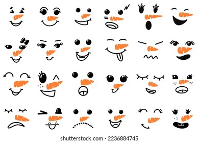 Cute snowman faces - vector collection. Vector Collection of Cute Snowman Faces. Cartoon Funny Doodle Snowman Head Face with Different Emotions Set. Winter Holidays, Christmas and New Year Design.