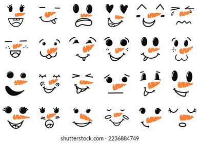 Cute snowman faces - vector collection. Vector Collection of Cute Snowman Faces. Cartoon Funny Doodle Snowman Head Face with Different Emotions Set. Winter Holidays, Christmas and New Year Design.