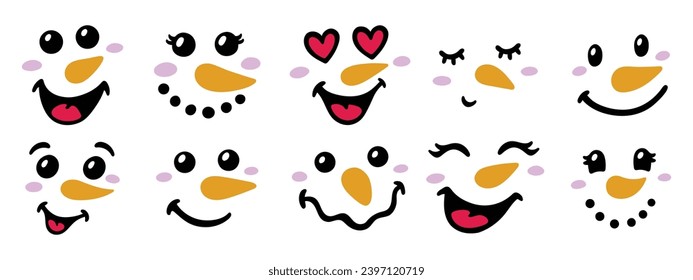 Cute snowman faces - vector collection. Christmas snowman heads. Vector illustrations isolated on white background