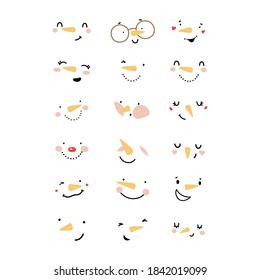 Cute snowman faces vector illustration. Snowman face, head, icon, isolated on white background.