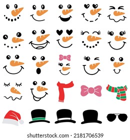 Cute snowman faces, vector set,vector collection of snowman head, vector illustration isolated on white background.