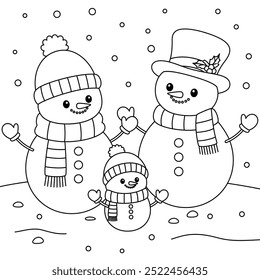 Cute snowman family cartoon coloring page. Christmas and Winter Illustration 