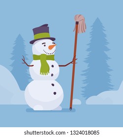 Cute snowman figure with a mop. Funny kid friendly snow model in old top hat standing outdoors, winter holiday activities for children and christmas decoration ideas to enjoy. Vector illustration