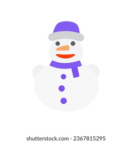 Cute Snowman. Flat Icon of white snowman in violet hat and scarf with orange carrot nose isolated on white background. Cartoon Design Element for Christmas and New Year Holidays. Stock Vector Icon