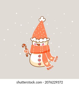 Cute snowman flat illustration. Vector christmas, new year. Little snowman in scarf, hat with christmas candy, snowfall. Smiling cartoon character. Winter holidays. Trendy simple hand drawn.