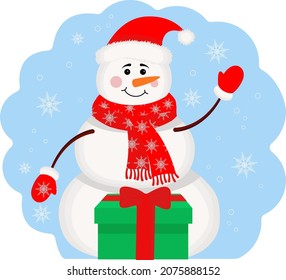 Cute snowman, flat style illustrations. Winter symbol, icon. Christmas or New Year greeting cards, a design element. A New Year is character.