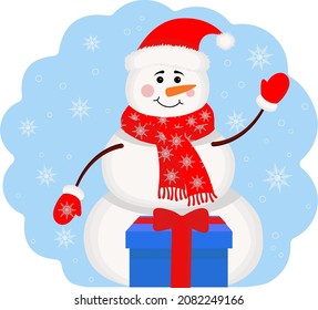 Cute snowman, flat style illustrations. Winter symbol, icon. Christmas or New Year greeting cards, a design element. A New Year is character.