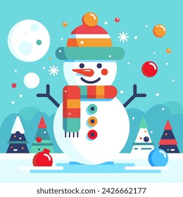 Muñeco de nieve lindo en ilustración vectorial de estilo plano. Paleta de colores brillantes. Elemento de diseño para crear tarjetas de felicitación de vacaciones, promover eventos de invierno, establecer un estado de ánimo estacional, publicaciones en redes sociales.