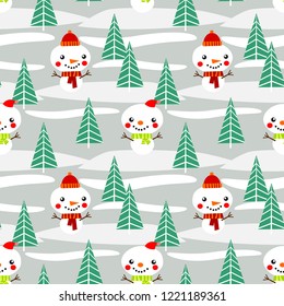Cute snowman in the forest seamless pattern. Cute Christmas concept.