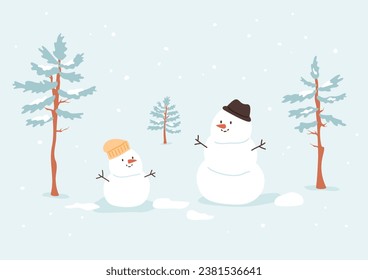 Cute snowman in forest. Winter frozen character with hat. Fir tree, minimal landscape on blue background. Simple vector Christmas illustration.