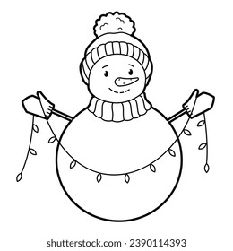 Cute snowman with garland. Black white outline illustration. Suitable for anti-stress and children's coloring books