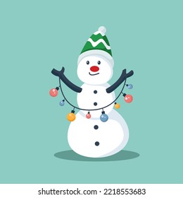 Cute Snowman with Garland Light Character Design Illustration