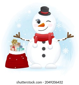 Cute snowman and gift bag in winter, Christmas season illustration.