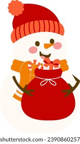 Hombre De Nieve Con Bolsa De Regalo En Ilustración De Invierno
