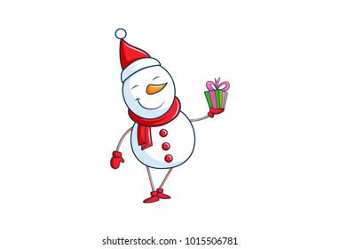 Cute Snowman with a gift box in hand. vector Illustration. Isolated on white background.