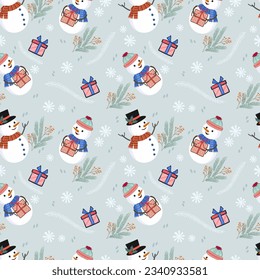 Cute snowman with gift box, snow fake and Christmas plant seamless pattern.