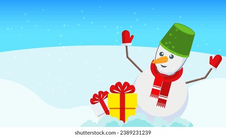 Cute snowman with gift boxes. Merry Christmas and Happy New Year greeting card. Traditional winter holiday characters. Flat cartoon season illustration.