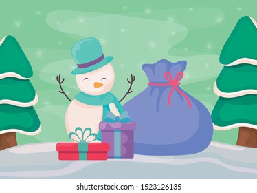 cute snowman with gift boxes on winter landscape vector illustration design