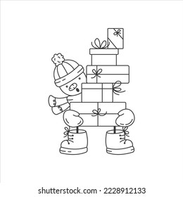 Cute snowman with gift boxes, waiting for Christmas, winter holidays, new year