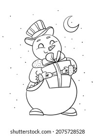 Cute snowman with gift coloring page. Outline drawing of happy smiling character with moon. Children coloring book. Christmas, new year night vector illustration. Hand drawn snowflakes.