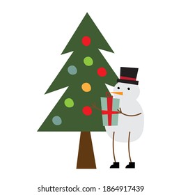 cute snowman with gift and pine tree vector illustration design