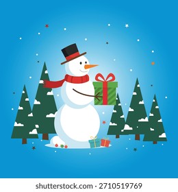 Lindo muñeco de nieve con regalo en el bosque de invierno - Navidades planas Festiva Vector