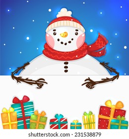 Cute Snowman with gifts and blank horizontal banner, vector.