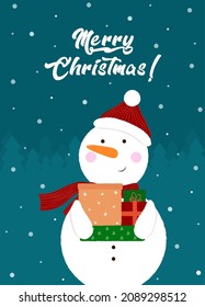 Cute snowman with gifts. Cartoon vector illustration for christmas card. Merry Christmas