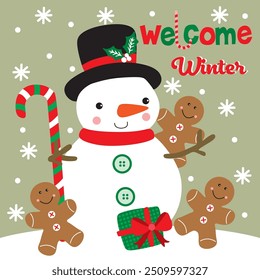 Cute Snowman with Gingerbread and Candy cane For Christmas Card or Bag design