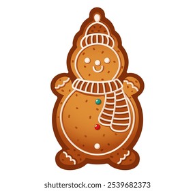 Lindo muñeco de nieve galleta de jengibre objeto de Vector de color plano. Galleta casera tradicional para la ilustración de la celebración de la Navidad en blanco