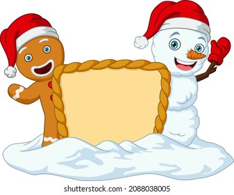 Cute snowman and gingerbread man with blank board sign