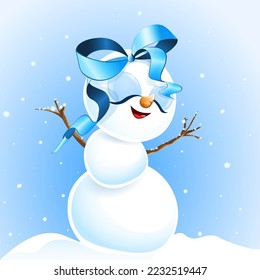 Cute snowman cute girl raised her hands up and enjoys the winter snowfall