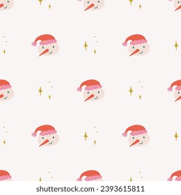 Cute snowman and gold sparkles seamless pattern. Christmas and New Year concept. Hand drawn retro vintage vector texture for wallpaper, prints, wrapping, textile