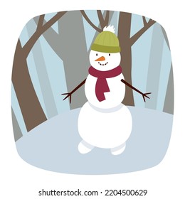 Hombre de nieve con sombrero verde y pañuelo rojo en el parque con árboles. Ilustración plana vectorial.